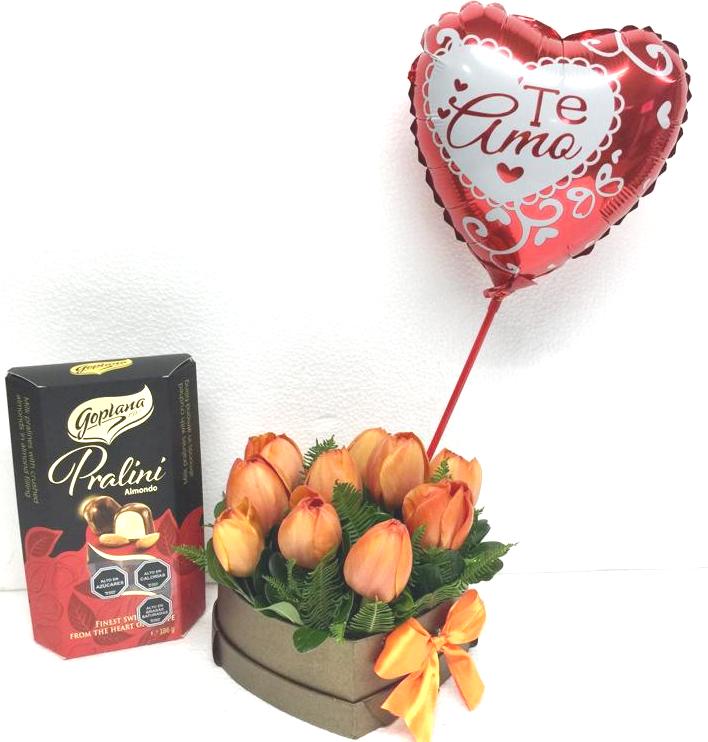  Caja Corazn de 10 Tulipanes, Bombones Goplana Praline Crema Almendra 186g y Globito